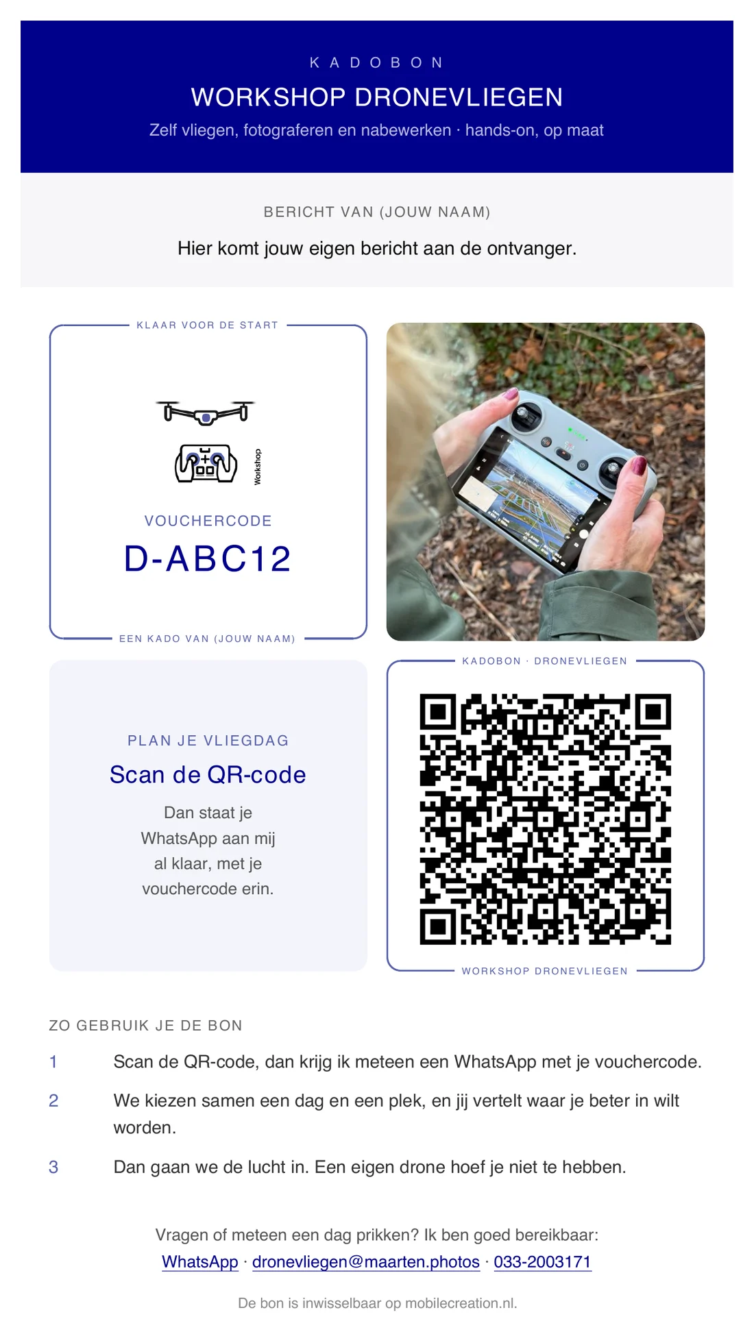Voorbeeld van de kadobon voor de workshop dronevliegen, met vouchercode en QR-code
