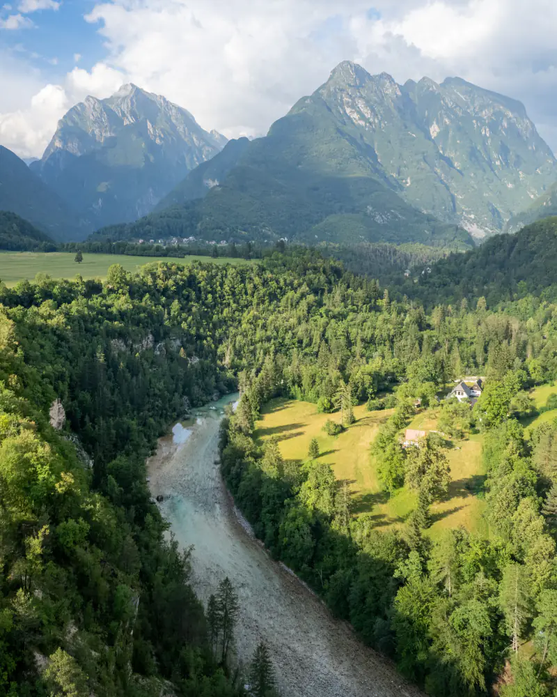 Rivier door een groen dal in de Sloveense Alpen